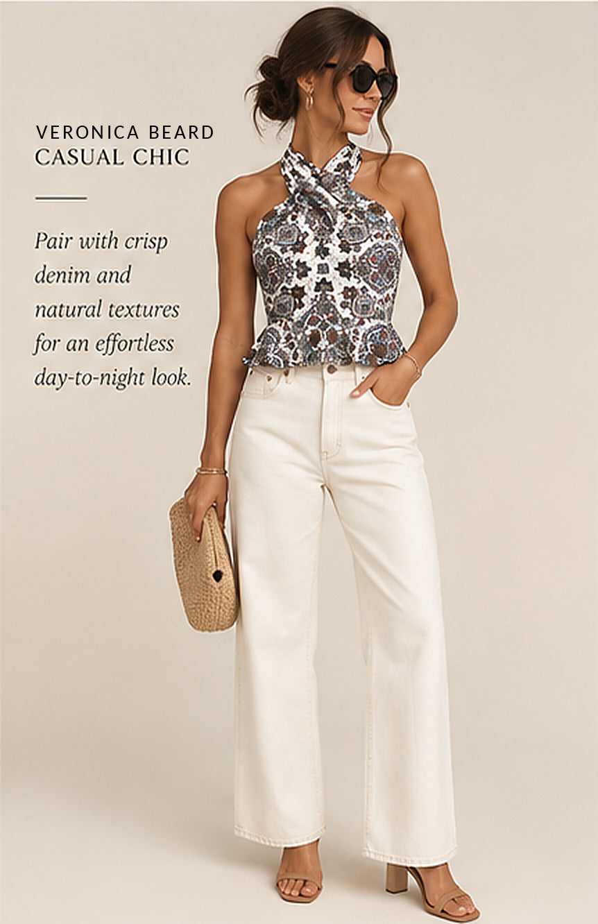 Veronica Beard Drey Paisley Halter Peplum Top – styled editorial look 1