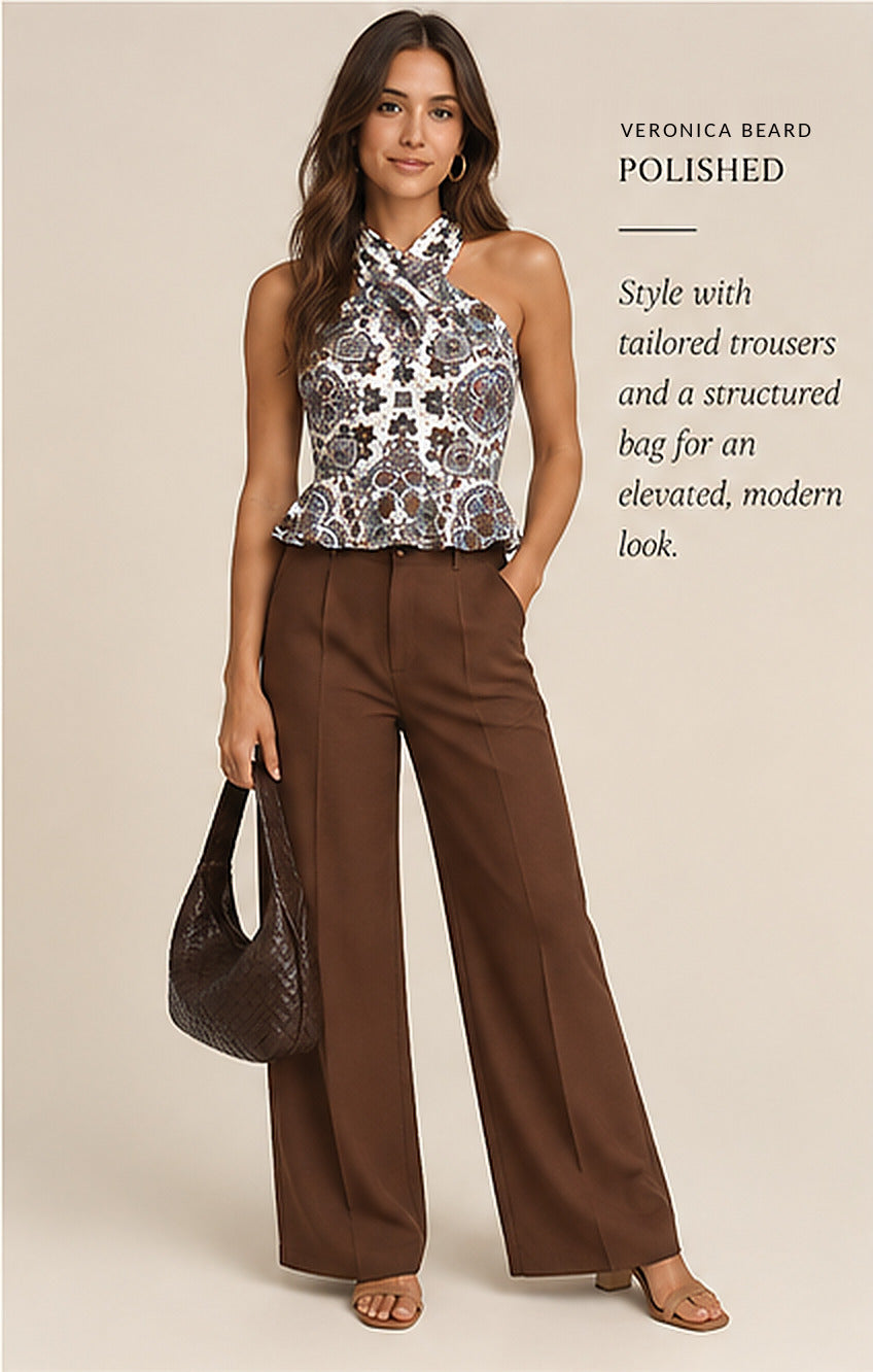 Veronica Beard Drey Paisley Halter Peplum Top – styled editorial look 2