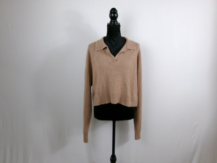 Reformation Tan Cashmere Collared Cropped Pullover Sweater – front