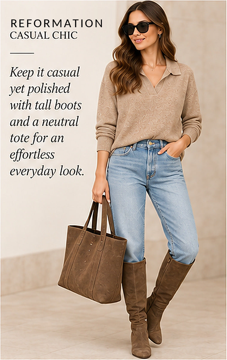 Reformation Tan Cashmere Collared Cropped Pullover Sweater – styled editorial look 1