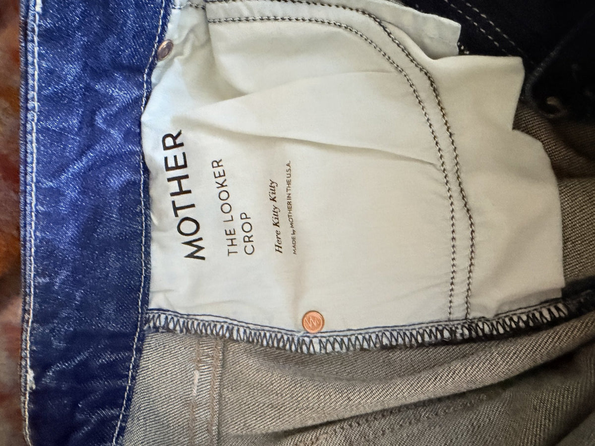 MOTHER Dark Wash Mid-Rise Kick-Flare Jeans - label