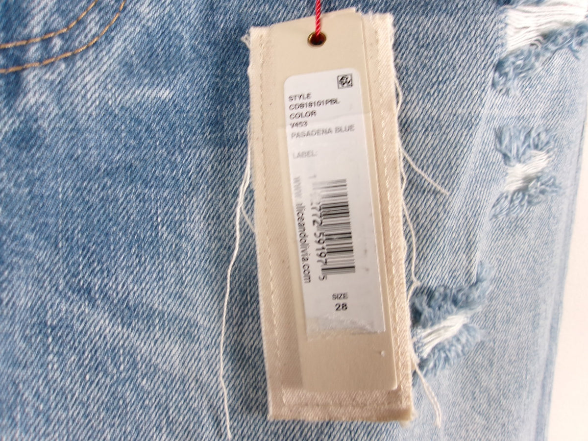 Alice + Olivia Distressed Wide-Leg Bootcut Jeans – Pasadena Blue – detail