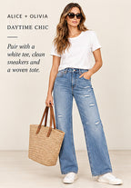 Alice + Olivia Distressed Wide-Leg Bootcut Jeans – Pasadena Blue – styled editorial look 1