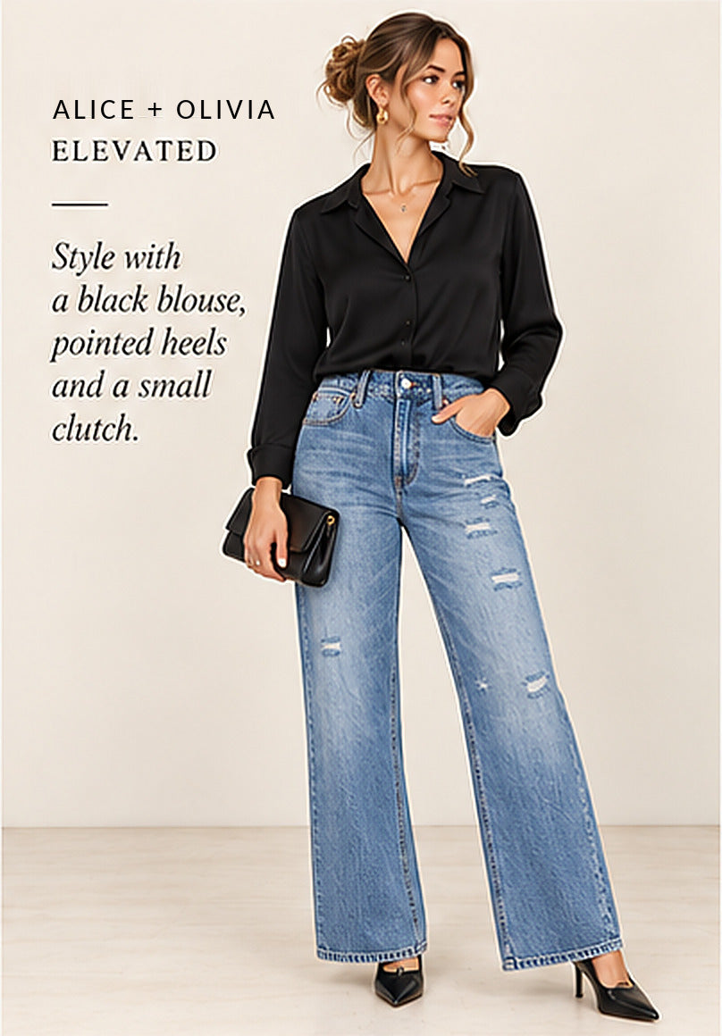 Alice + Olivia Distressed Wide-Leg Bootcut Jeans – Pasadena Blue – styled editorial look 2