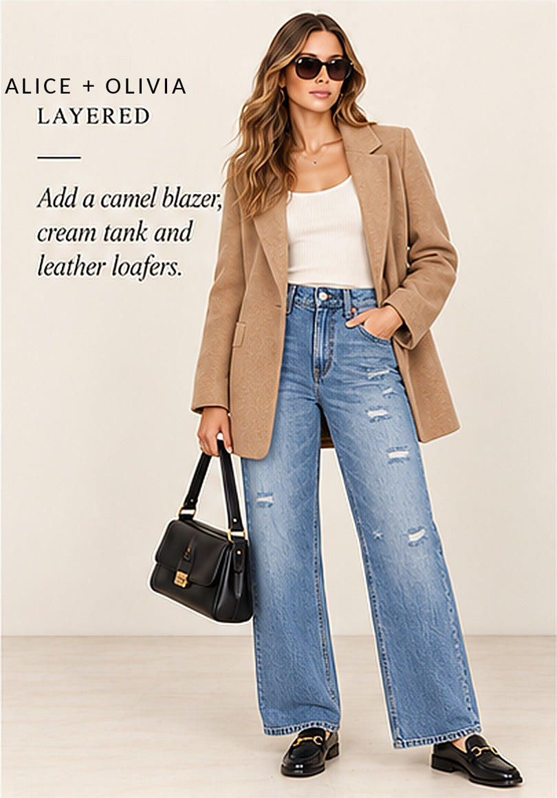Alice + Olivia Distressed Wide-Leg Bootcut Jeans – Pasadena Blue – styled editorial look 3