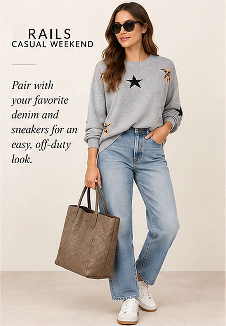 Rails Perci Sweater – Heather Grey Animal Stars – styled editorial look 1