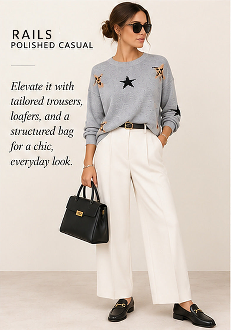 Rails Perci Sweater – Heather Grey Animal Stars – styled editorial look 2
