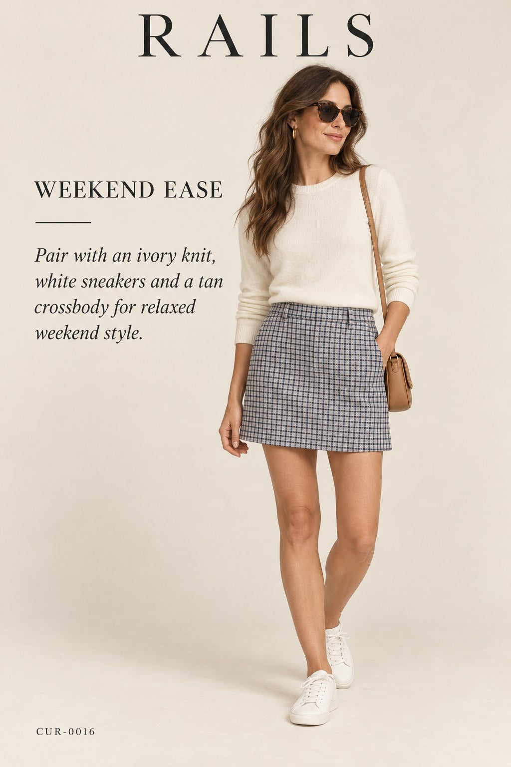 Rails Prim Mini Skirt – Lilac Navy Mini Check – styled editorial look 1