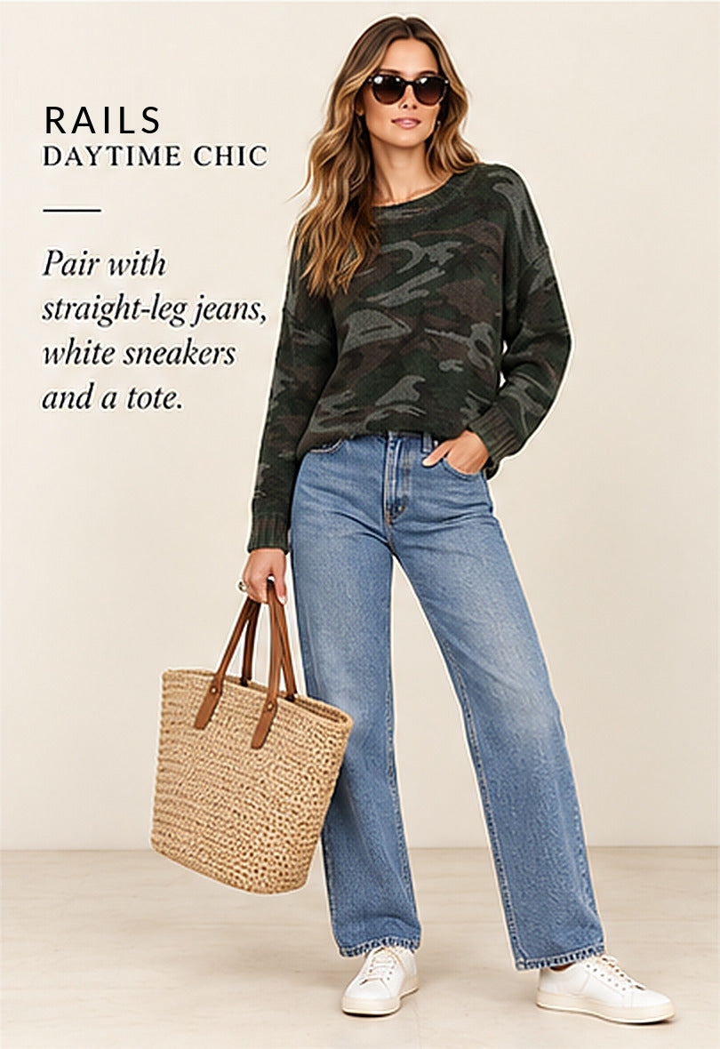Rails Perci Sweater – Jungle Camo – styled editorial look 1