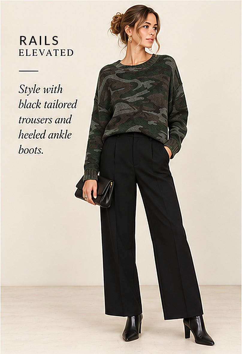 Rails Perci Sweater – Jungle Camo – styled editorial look 2