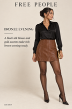 Free People Modern Femme Vegan Leather Mini Skirt – Brown – styled: Bronze Evening