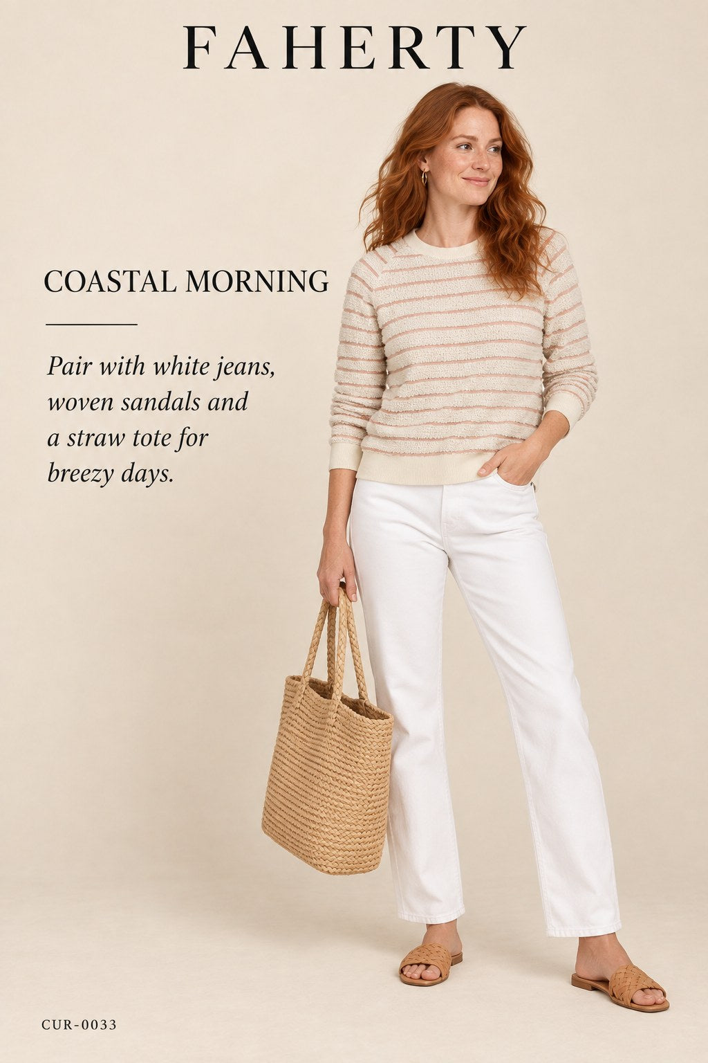 Faherty Pacifica Terry Crew Sweatshirt – Peach Cream Stripe – styled: Coastal Morning