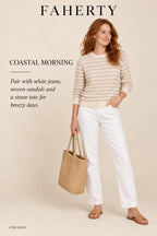 Faherty Pacifica Terry Crew Sweatshirt – Peach Cream Stripe – styled: Coastal Morning