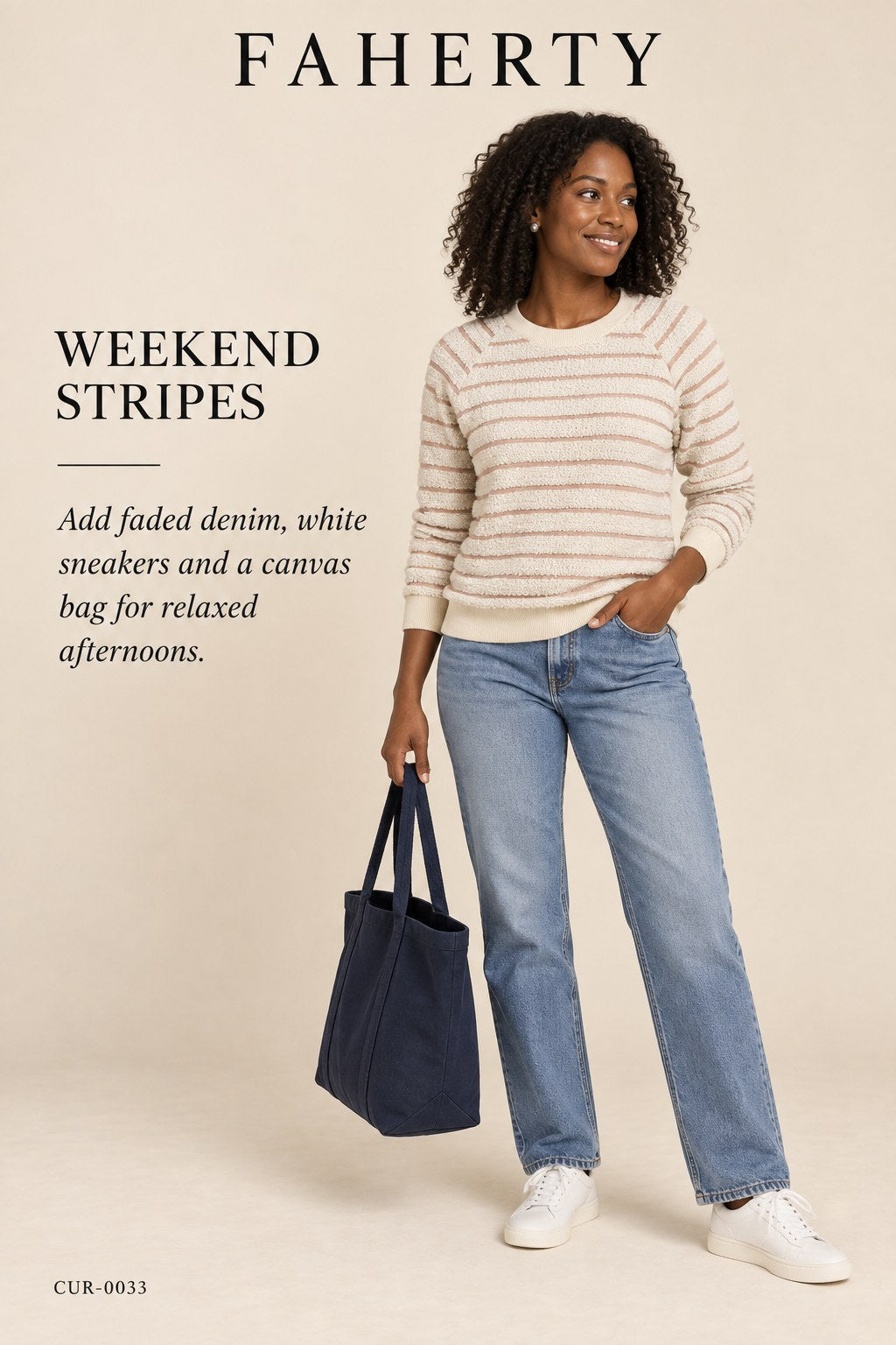 Faherty Pacifica Terry Crew Sweatshirt – Peach Cream Stripe – styled: Weekend Stripes