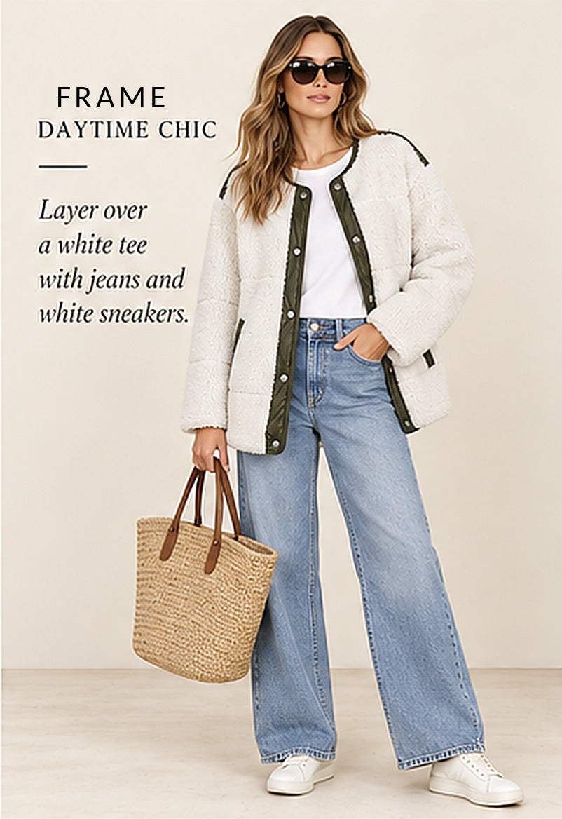 FRAME Oversized Recycled Faux Shearling Jacket – Ivory/Army Green – styled editorial look 1