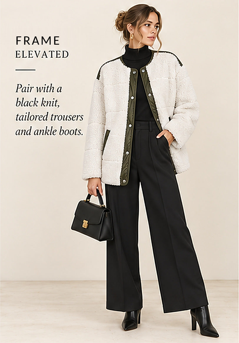FRAME Oversized Recycled Faux Shearling Jacket – Ivory/Army Green – styled editorial look 2