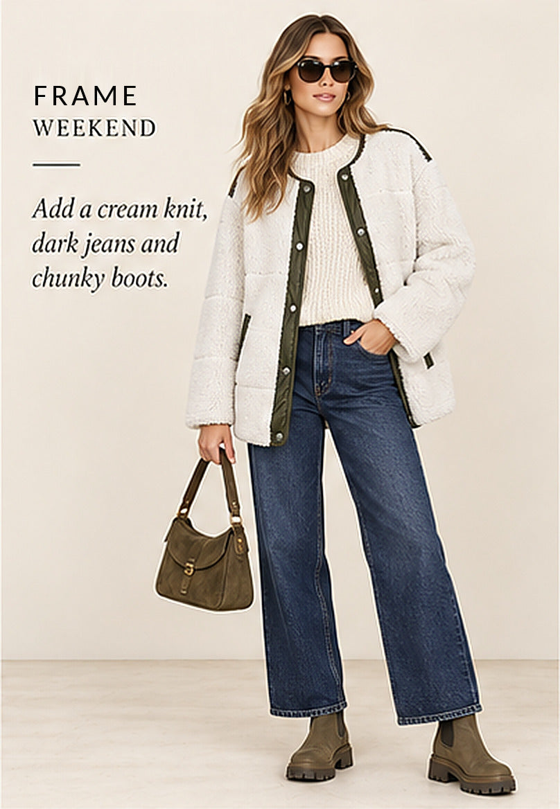 FRAME Oversized Recycled Faux Shearling Jacket – Ivory/Army Green – styled editorial look 3