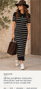 Khaite Helen Striped Brushed Silk & Cashmere Midi Dress – styled editorial look 1