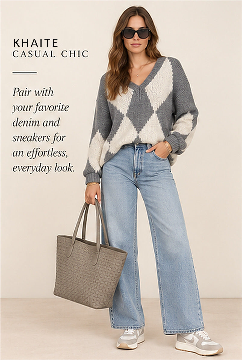 Khaite Valerie Argyle Cashmere V-Neck Sweater – styled editorial look 1