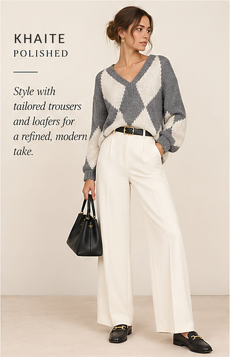 Khaite Valerie Argyle Cashmere V-Neck Sweater – styled editorial look 2