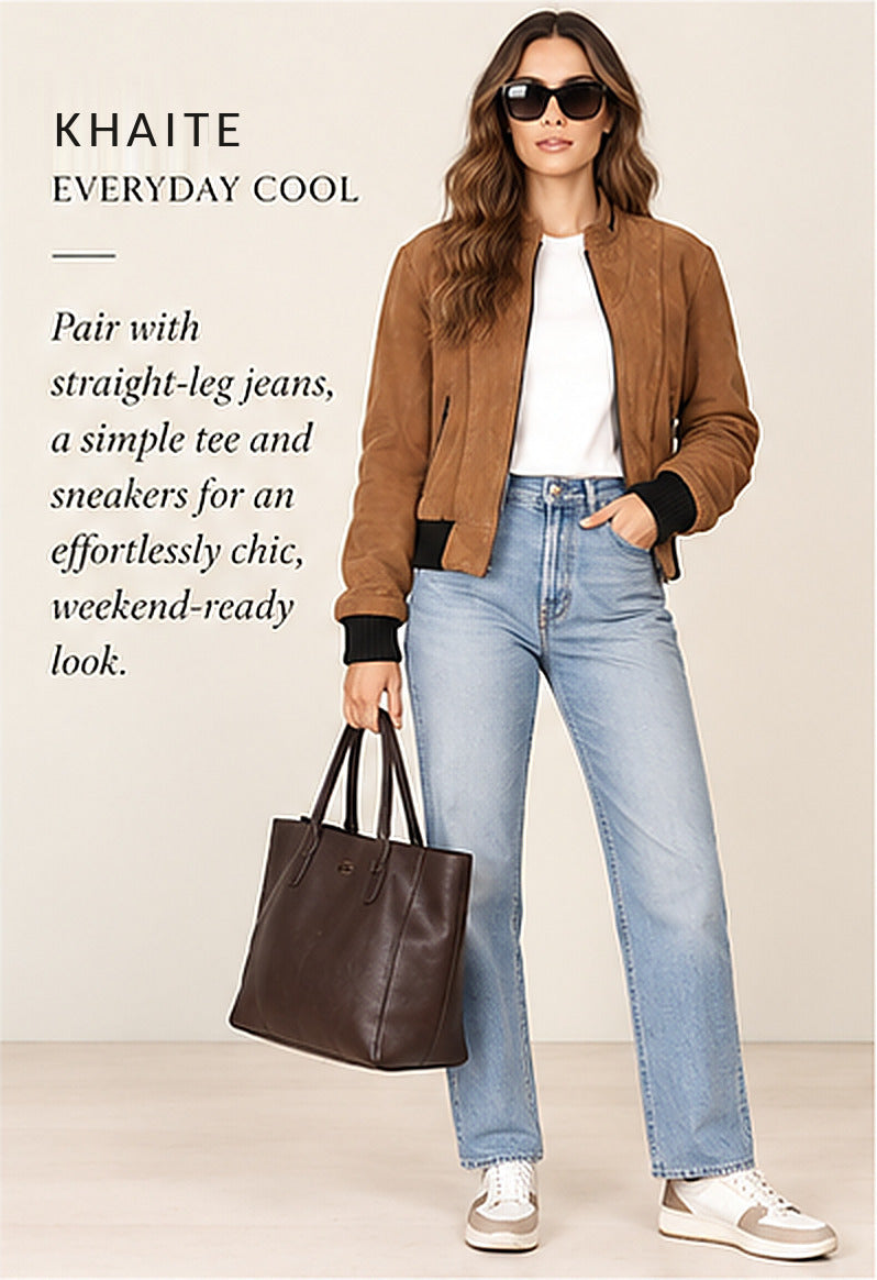 Khaite Quilted Suede Biker Jacket – Brown – styled editorial look 1