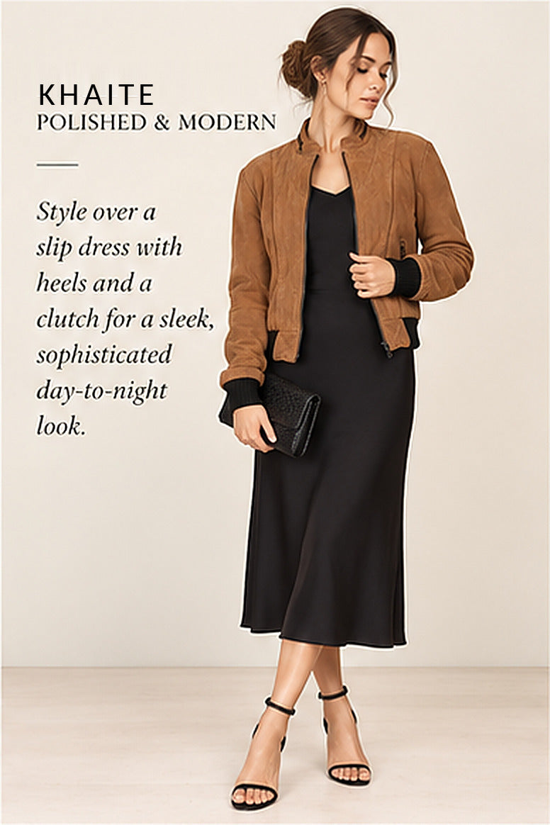 Khaite Quilted Suede Biker Jacket – Brown – styled editorial look 2