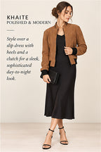 Khaite Quilted Suede Biker Jacket – Brown – styled editorial look 2