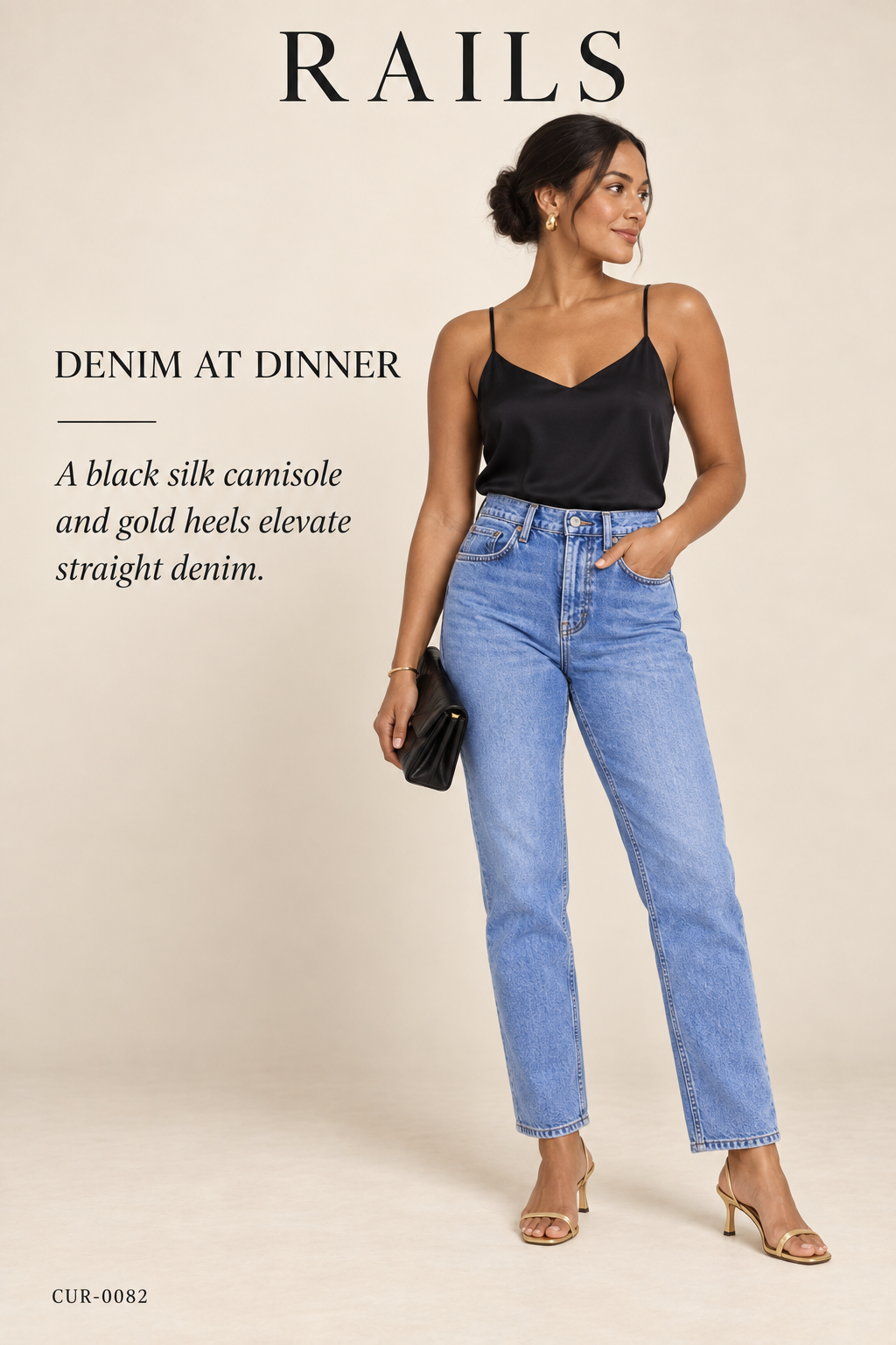 Rails The Topanga High-Rise Straight Jean – Medium Wash – styled: Denim at Dinner