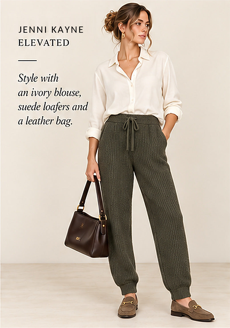 Jenni Kayne Alpaca Fisherman Sweatpant – Olive – styled editorial look 2
