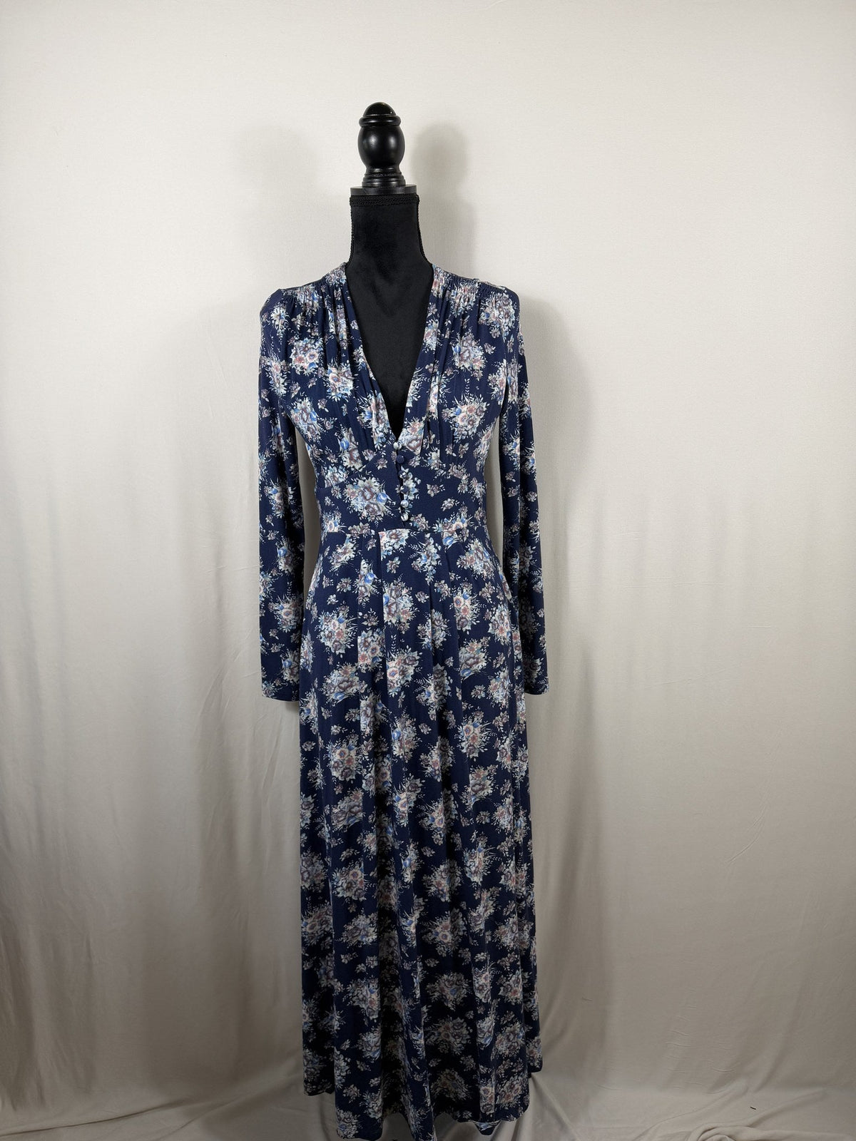 LoveShackFancy Floral V-Neck Maxi Dress – Navy – front