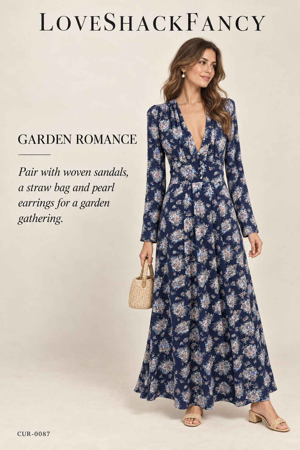 LoveShackFancy Floral V-Neck Maxi Dress – Navy – styled editorial look 1