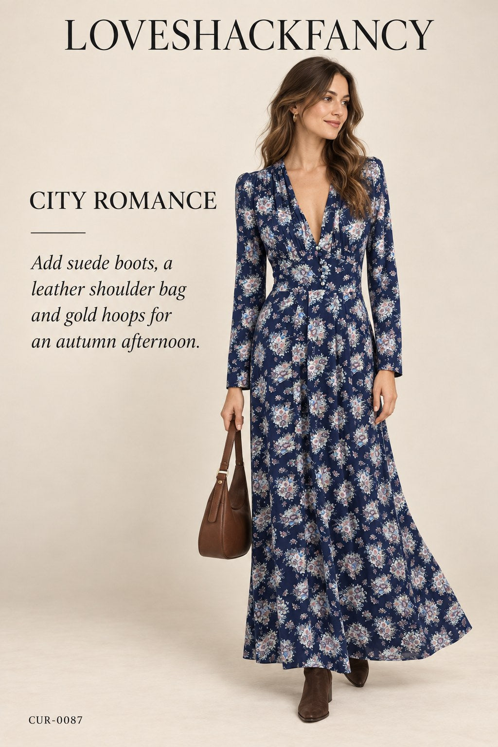 LoveShackFancy Floral V-Neck Maxi Dress – Navy – styled editorial look 2