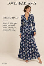 LoveShackFancy Floral V-Neck Maxi Dress – Navy – styled editorial look 3