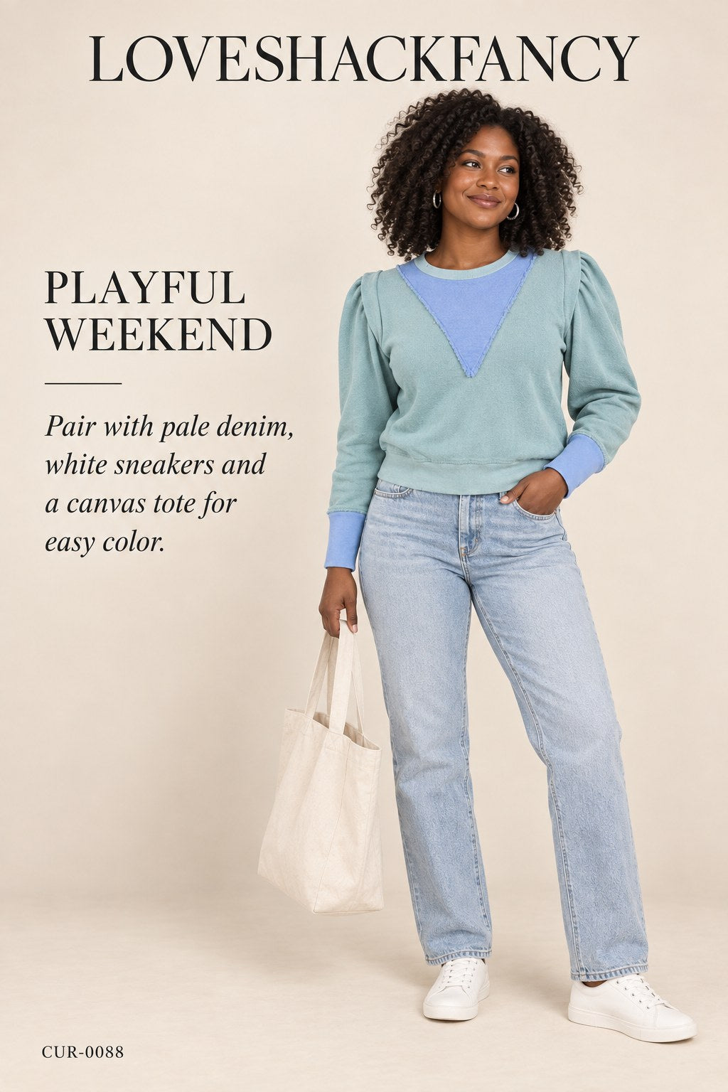 LoveShackFancy Colorblock Puff-Sleeve Cropped Pullover – Teal/Blue