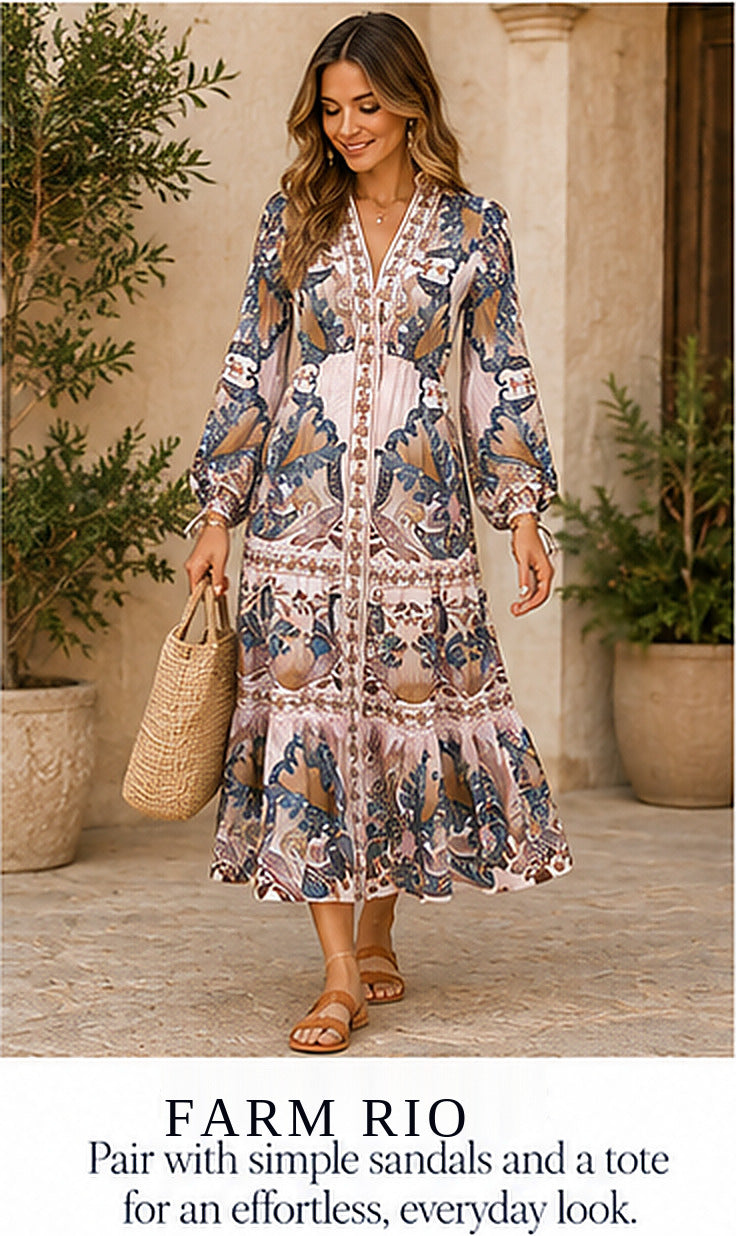 FARM Rio Soft Pink Sea Garden Scarf Pleated Midi Dress – styled editorial look 1