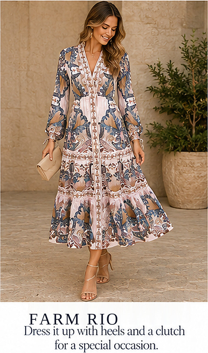 FARM Rio Soft Pink Sea Garden Scarf Pleated Midi Dress – styled editorial look 2