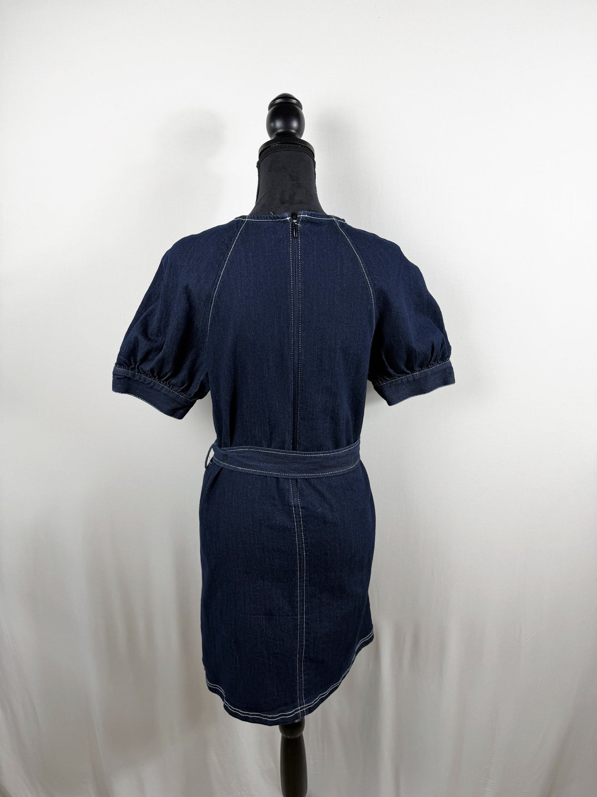 Cinq à Sept Puff-Sleeve Belted Denim Mini Dress – Indigo – back