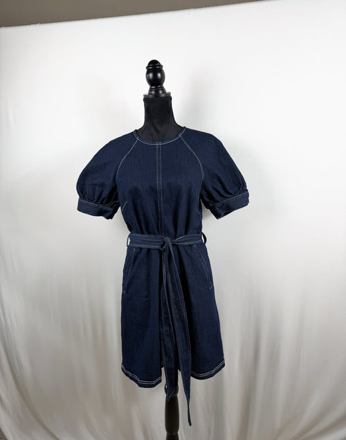 Cinq à Sept Puff-Sleeve Belted Denim Mini Dress – Indigo – front