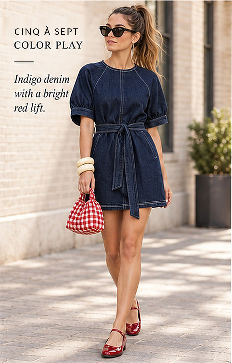 Cinq à Sept Puff-Sleeve Belted Denim Mini Dress – Indigo – styled editorial look 1