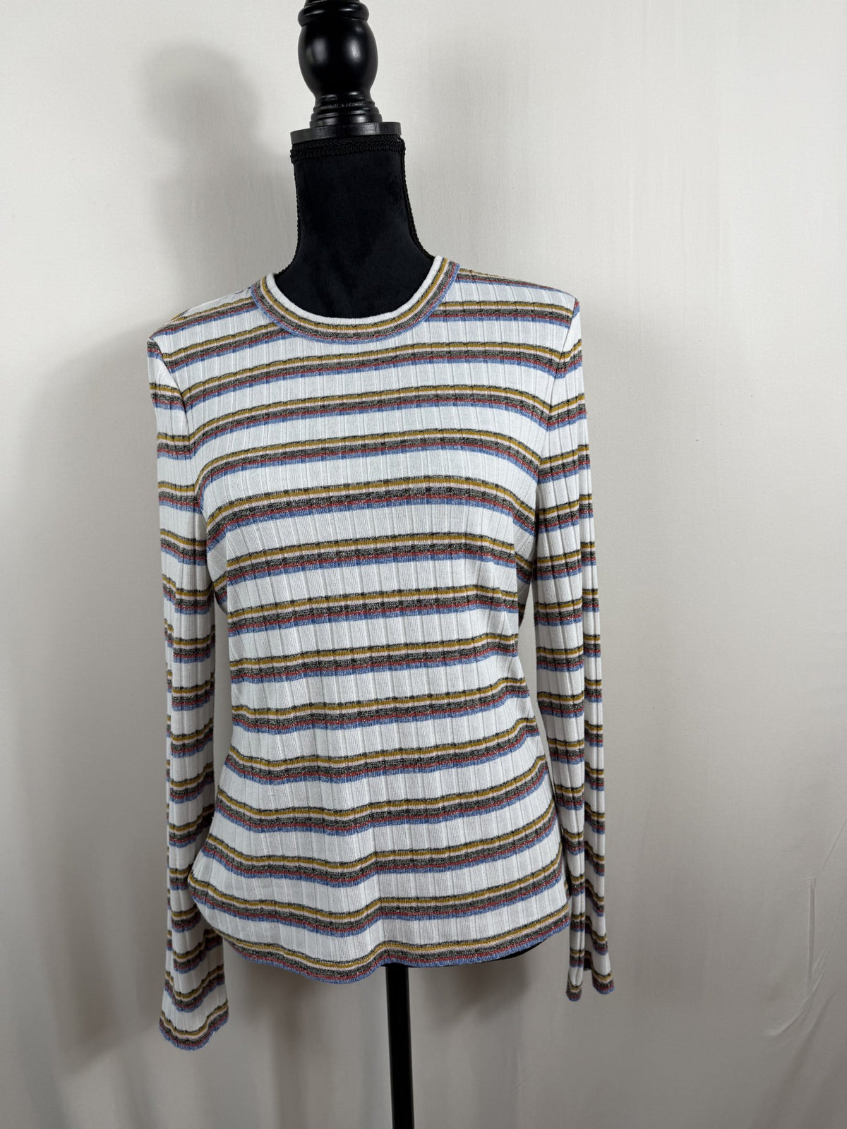 Veronica Beard Jeans Striped Rib-Knit Long-Sleeve Top – front