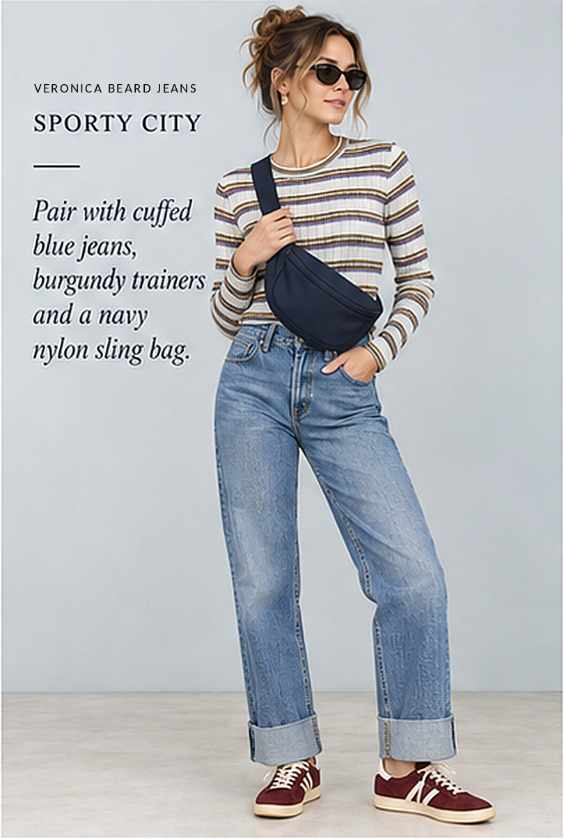 Veronica Beard Jeans Striped Rib-Knit Long-Sleeve Top – styled editorial look 1
