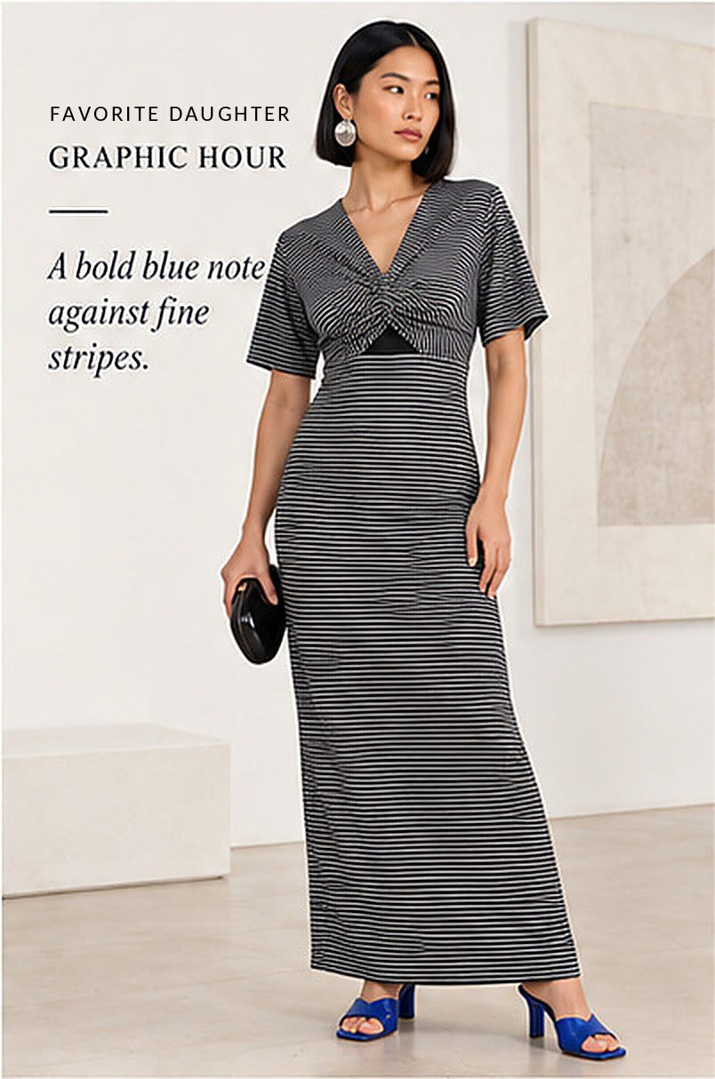 Favorite Daughter The Anywhere Dress – Black/White Stripe – styled editorial look 2