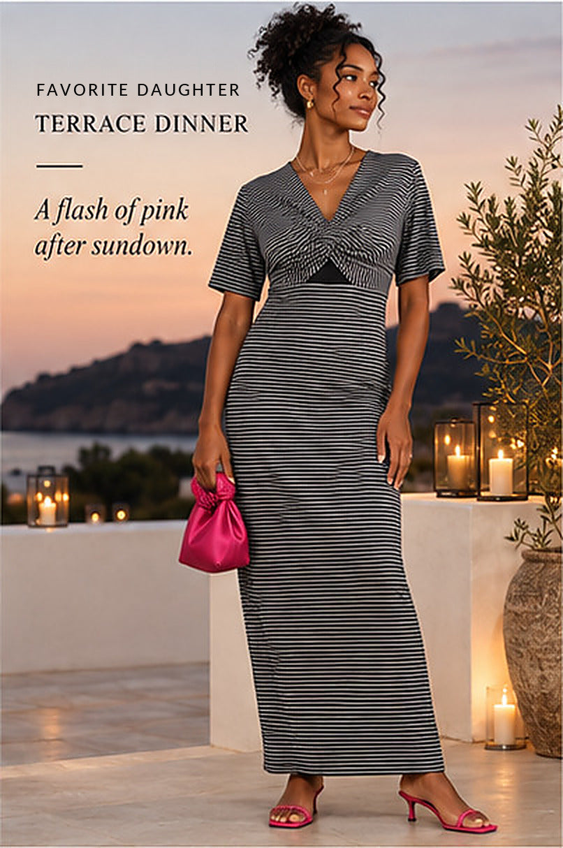 Favorite Daughter The Anywhere Dress – Black/White Stripe – styled editorial look 3