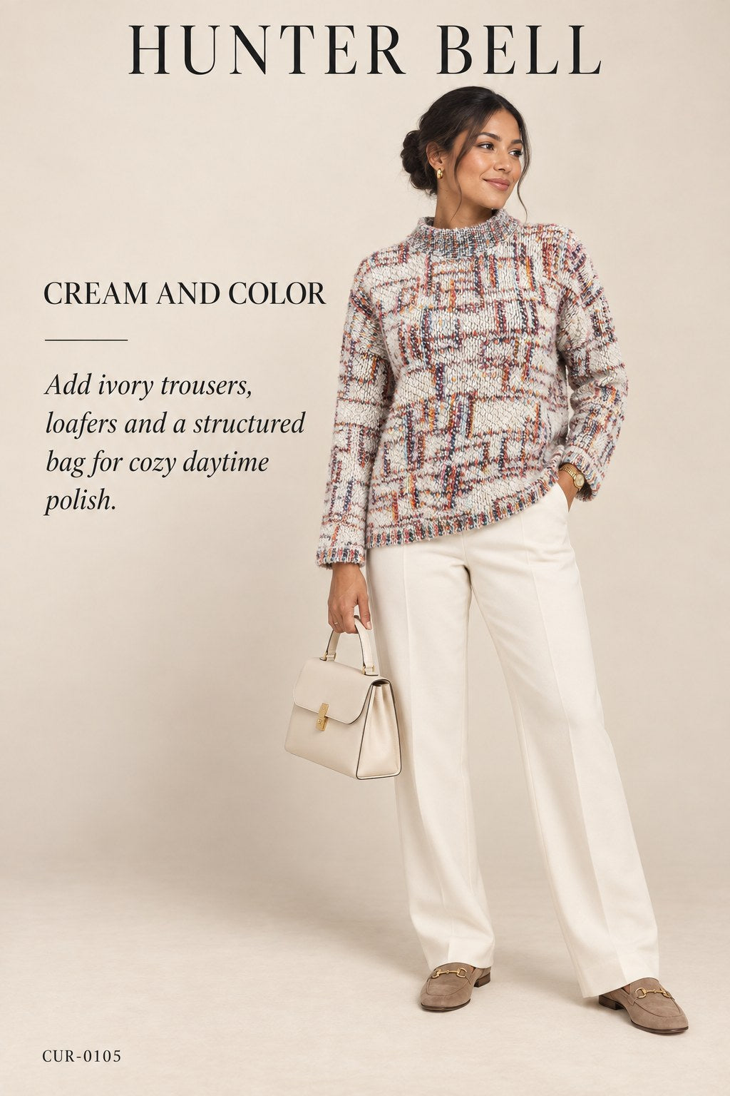 Hunter Bell Abstract Tweed-Knit Mock-Neck Sweater – styled: Cream and Color