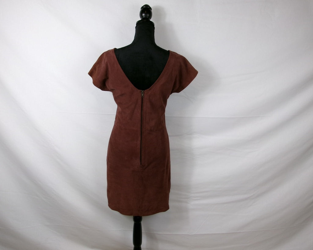 Ganni Ingrid Suede Bateau-Neck Mini Dress – Brown – back