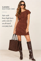 Ganni Ingrid Suede Bateau-Neck Mini Dress – Brown – styled editorial look 1