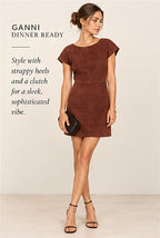 Ganni Ingrid Suede Bateau-Neck Mini Dress – Brown – styled editorial look 2