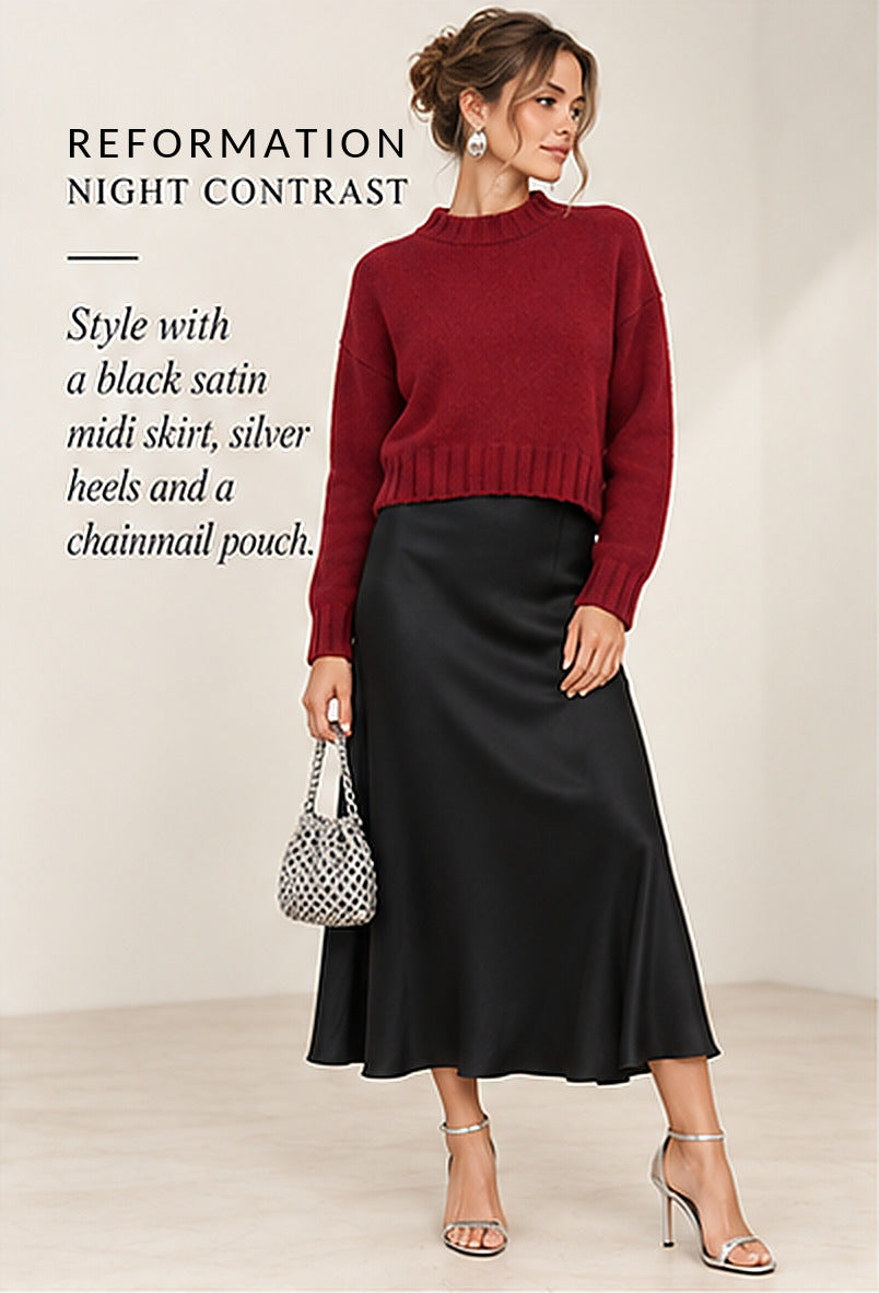 Reformation Merino Wool Mock Neck Sweater – Red – styled editorial look 2