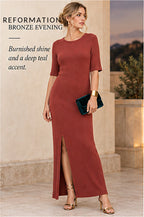 Reformation Ribbed Knit Maxi Dress – Brick – styled editorial look 2