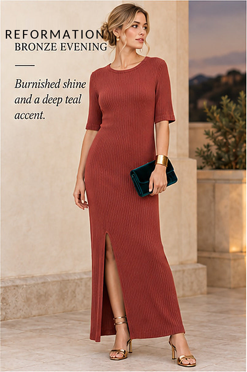 Reformation Ribbed Knit Maxi Dress – Brick – styled editorial look 2